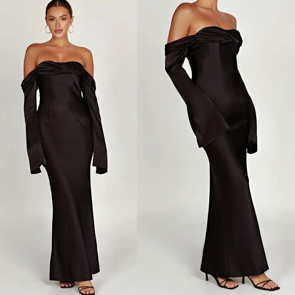 Meshki -  NWOT Giselle Black Off Shoulder Cowl Neck Satin Maxi Dress